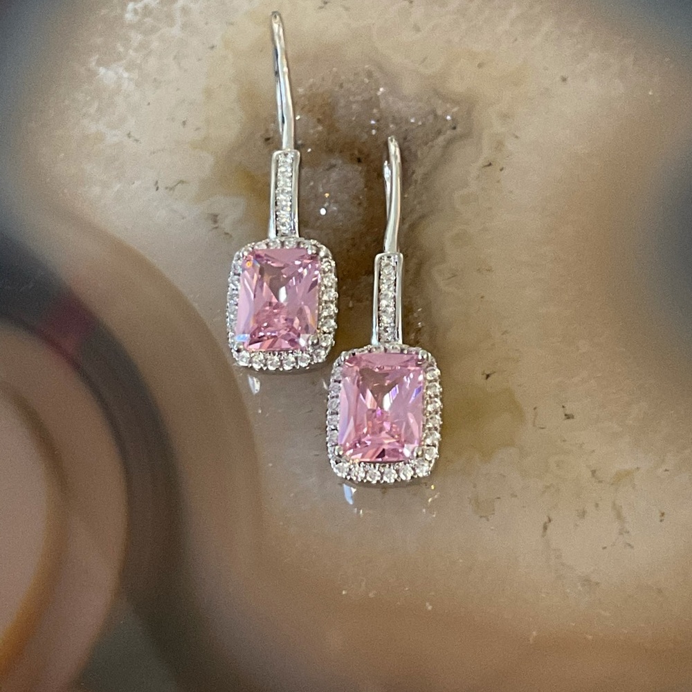 Sterling silver pink Cubic silver drop earrings dangle cz rectangle